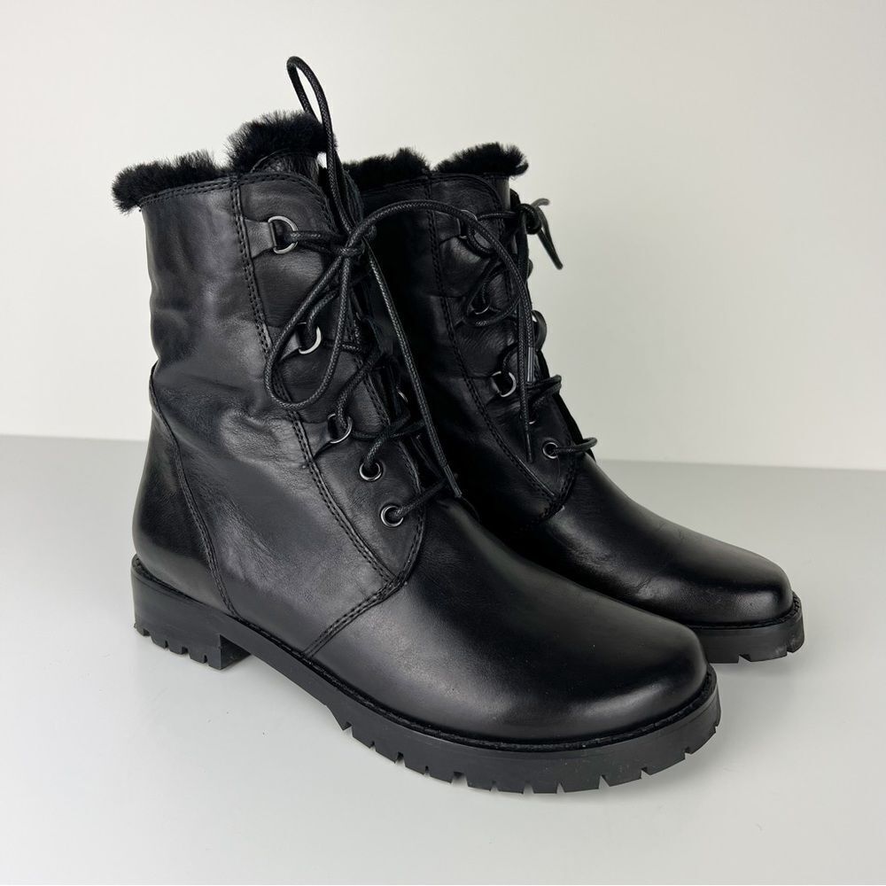 Genuine leather Black Ankle combat Boots with Fur Lining